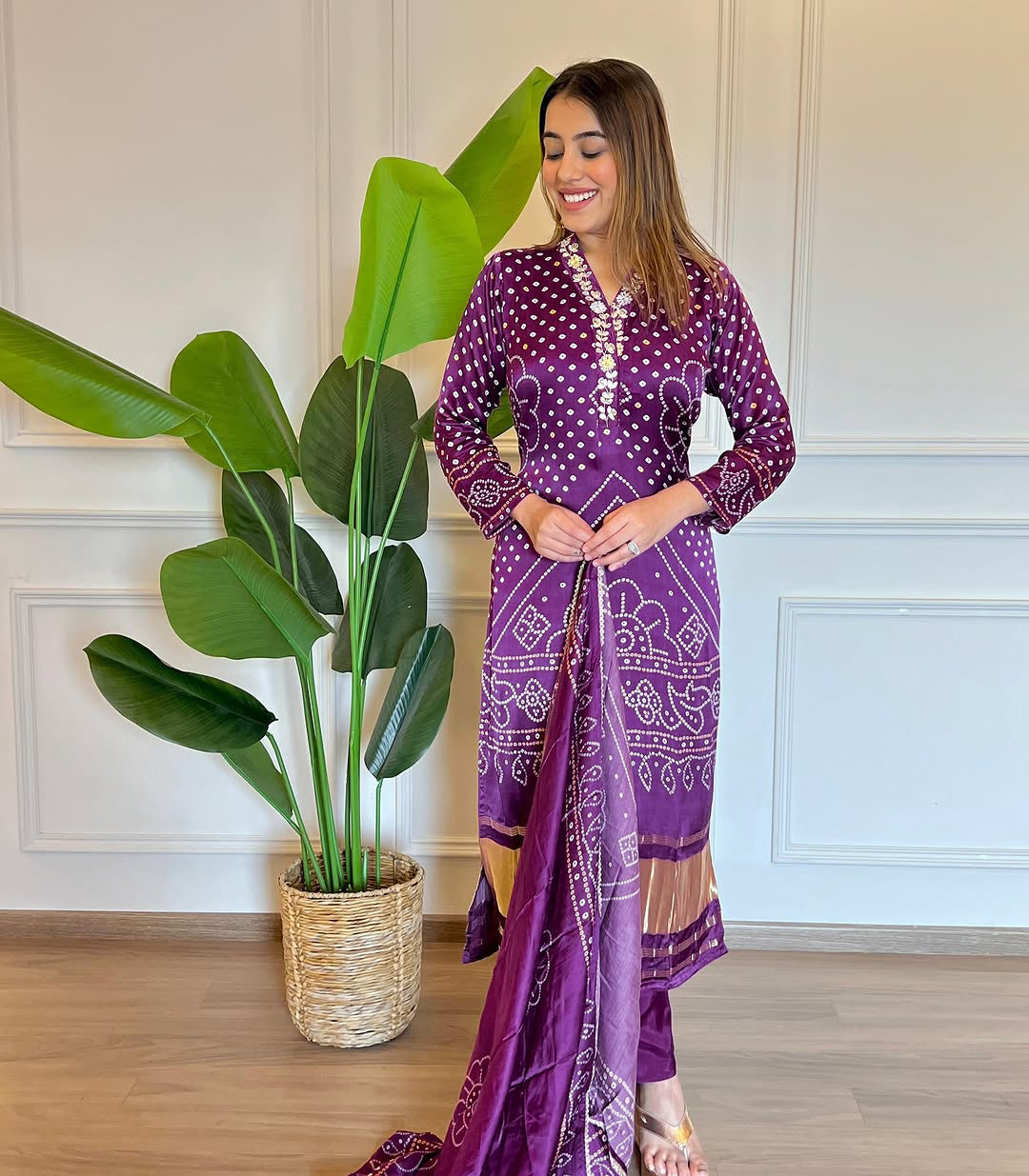 Women Bandhni Printed Kurta With Trousers & Dupatta