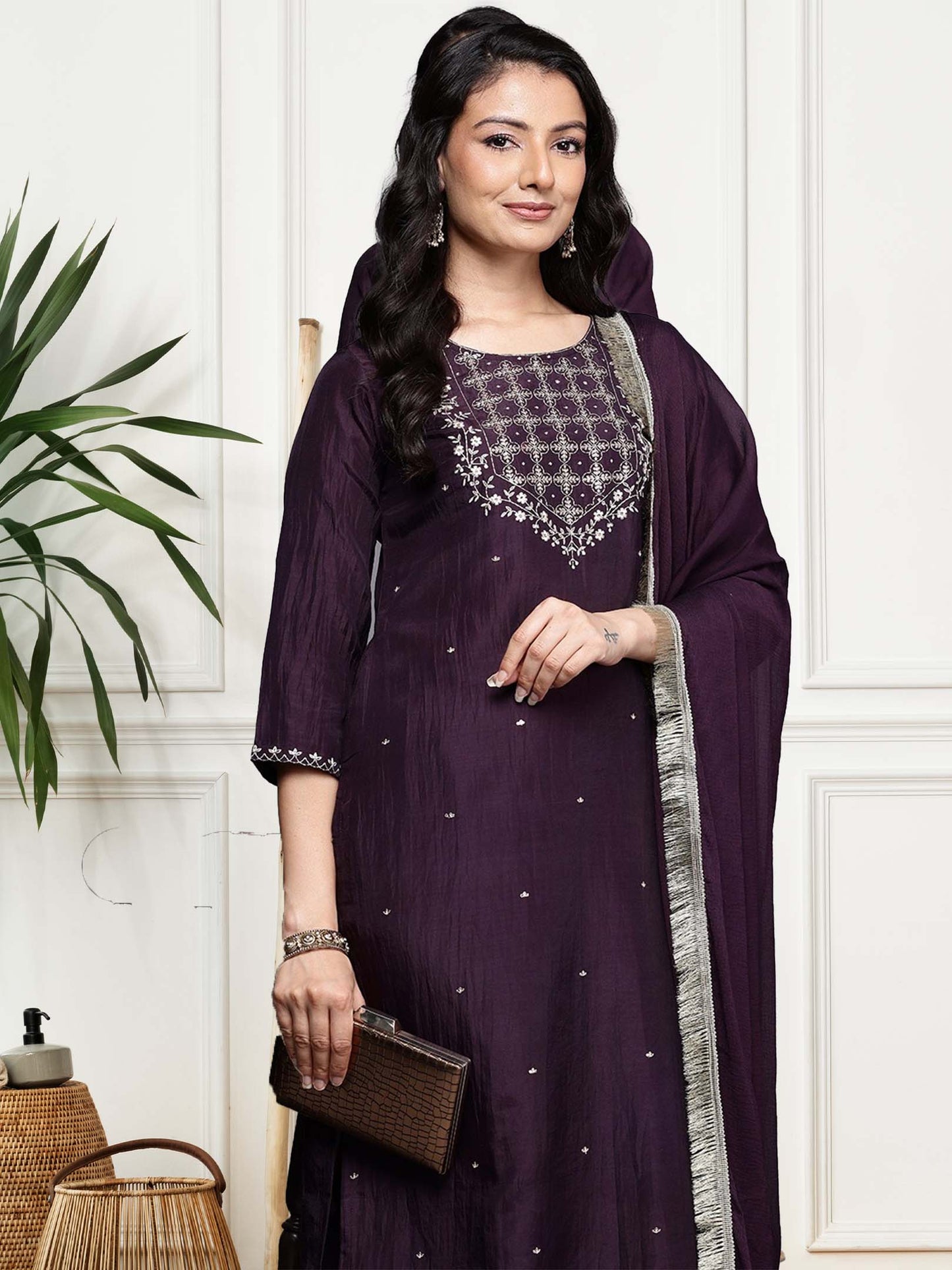 Wine Embroidered Straight Kurta Paired With Bottom And Dupatta