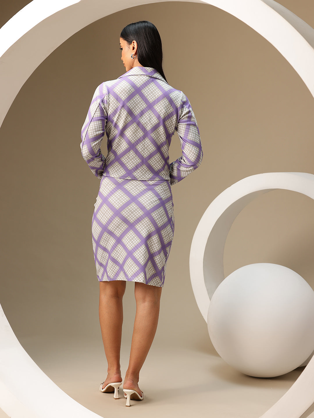 Women’s Purple Checkered Co-ord Set – Blazer Style Dress