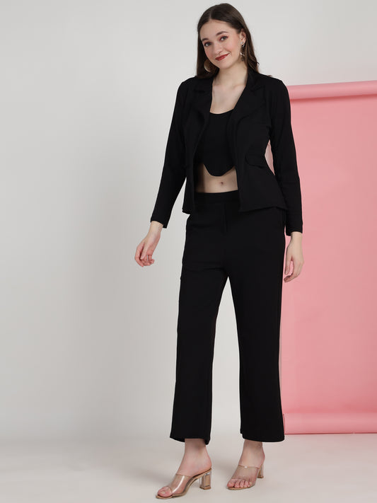 Women's Solid Black Co-ord Set - Blazer, Crop Top & Pant