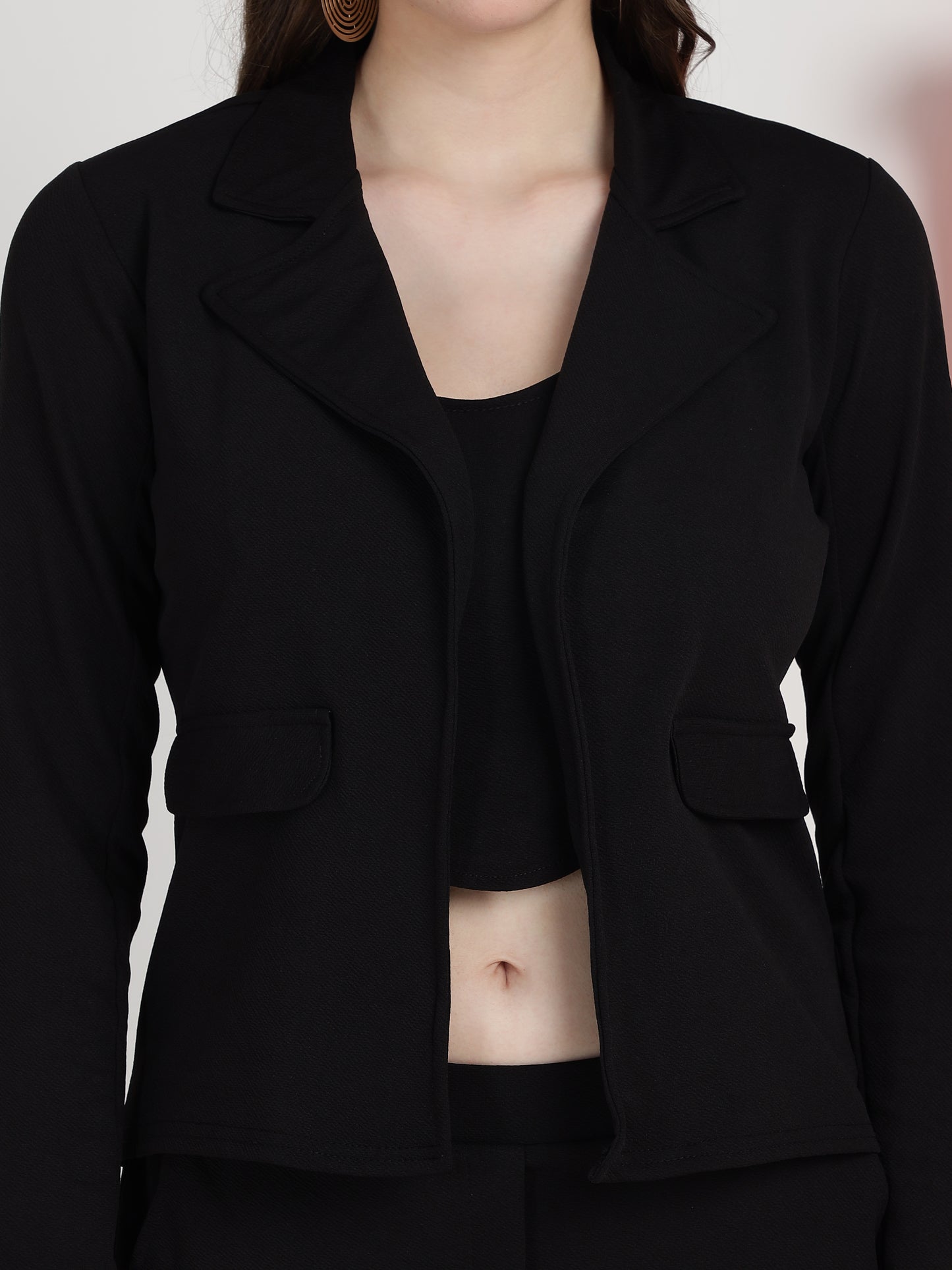 Women's Solid Black Co-ord Set - Blazer, Crop Top & Pant