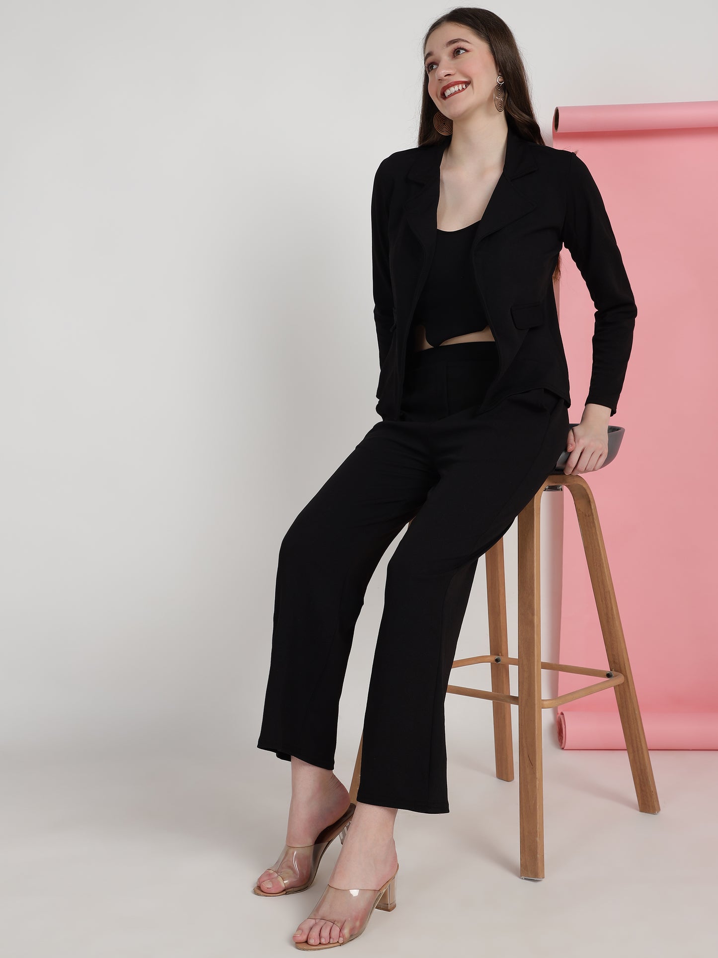 Women's Solid Black Co-ord Set - Blazer, Crop Top & Pant