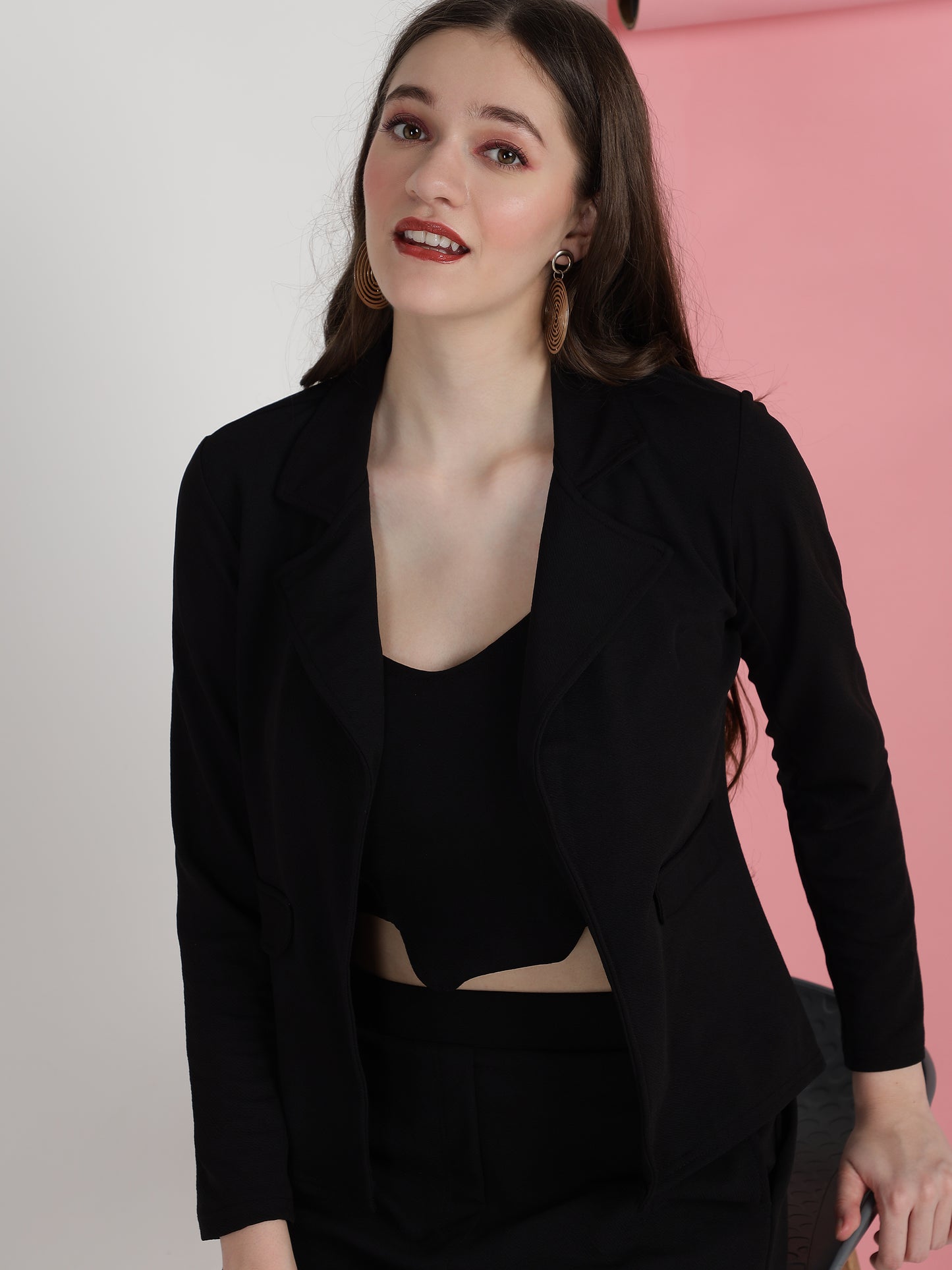 Women's Solid Black Co-ord Set - Blazer, Crop Top & Pant