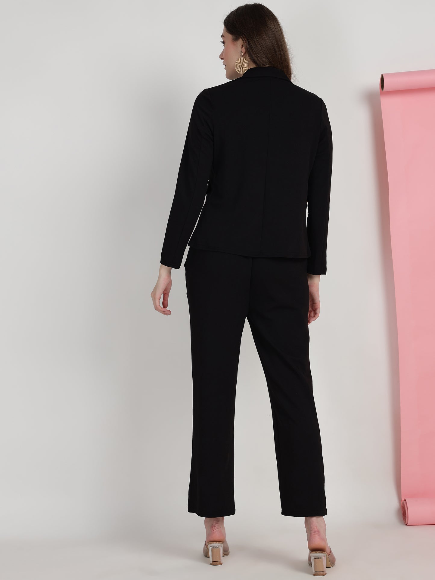 Women's Solid Black Co-ord Set - Blazer, Crop Top & Pant