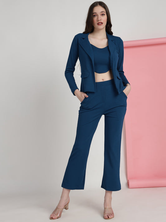 Women's Solid Rama Co-ord Set - Blazer, Crop Top & Pant