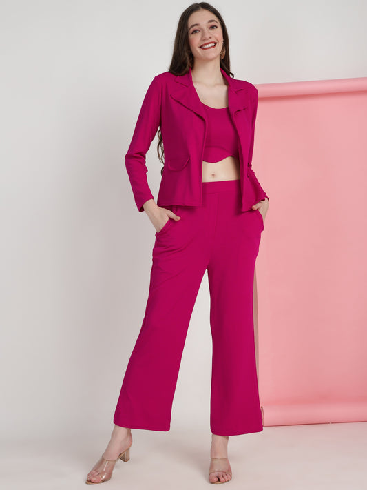 Women's Solid Pink Co-ord Set - Blazer, Crop Top & Pant
