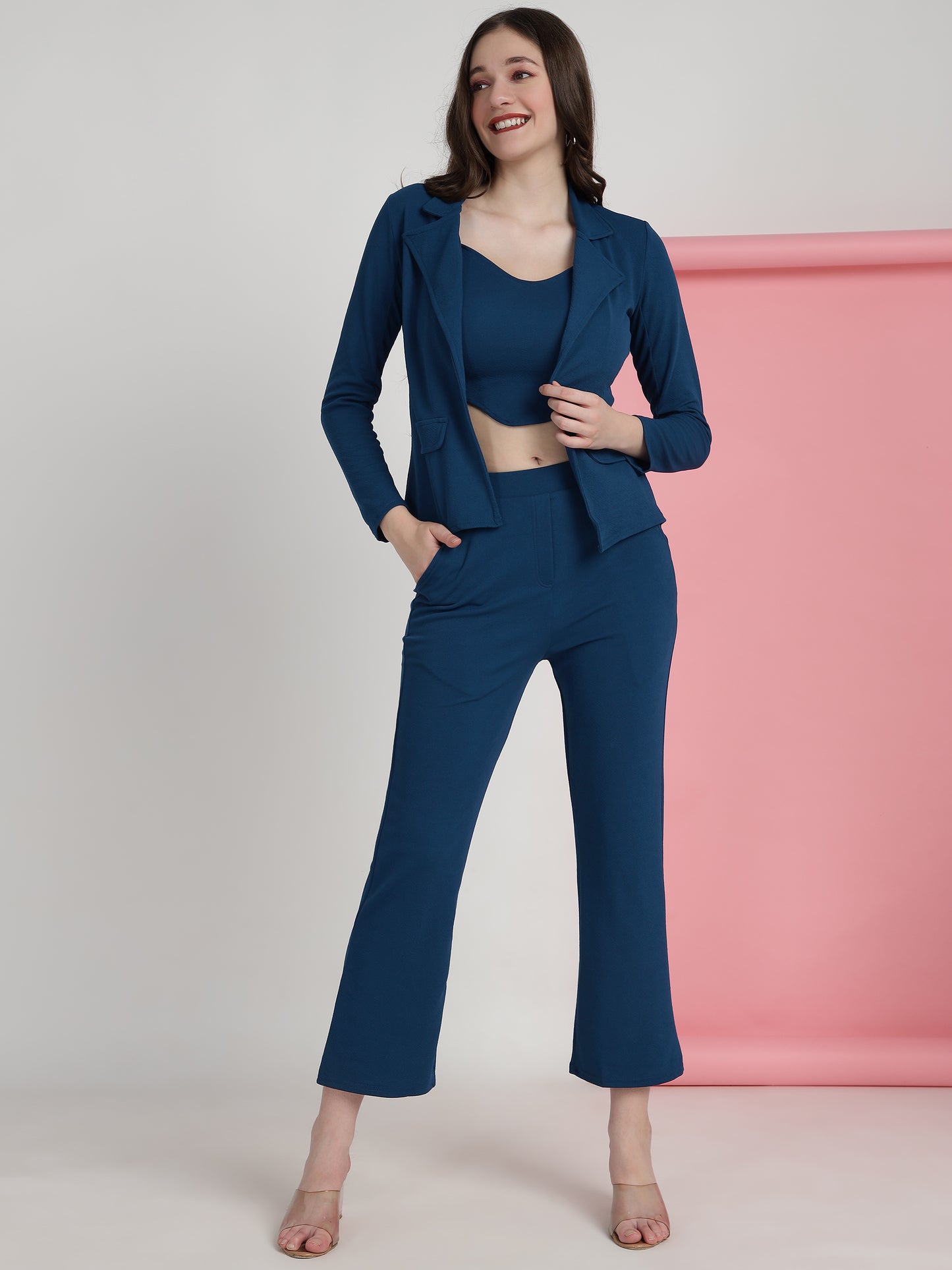 Women's Solid Rama Co-ord Set - Blazer, Crop Top & Pant