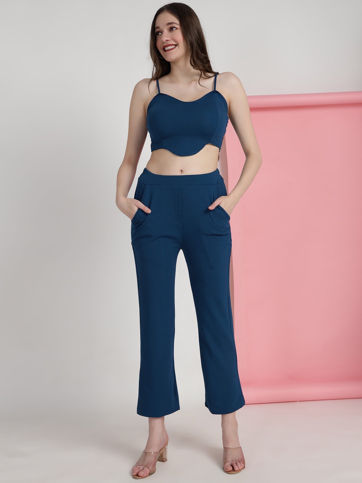 Women's Solid Rama Co-ord Set - Blazer, Crop Top & Pant