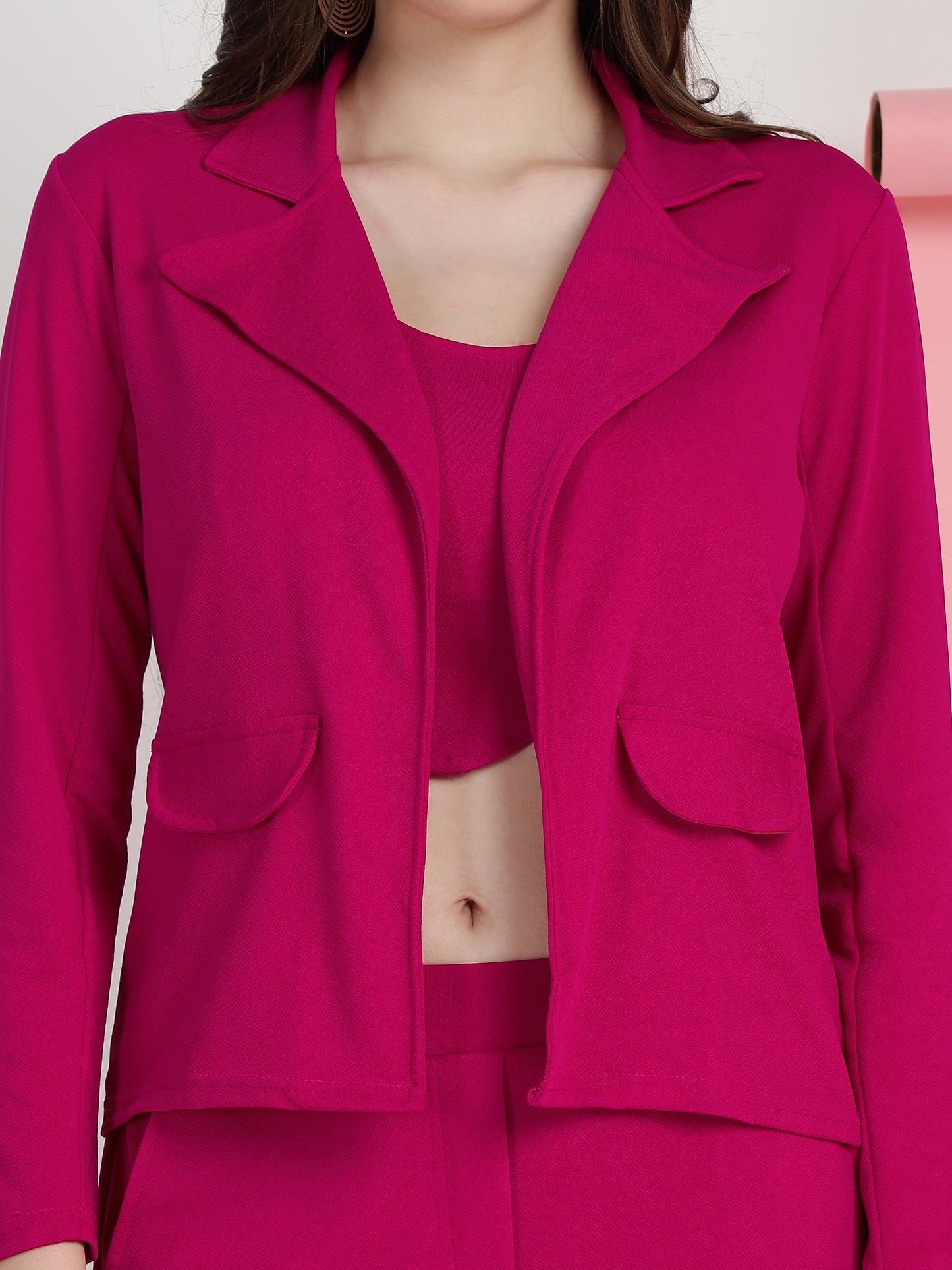 Women's Solid Pink Co-ord Set - Blazer, Crop Top & Pant