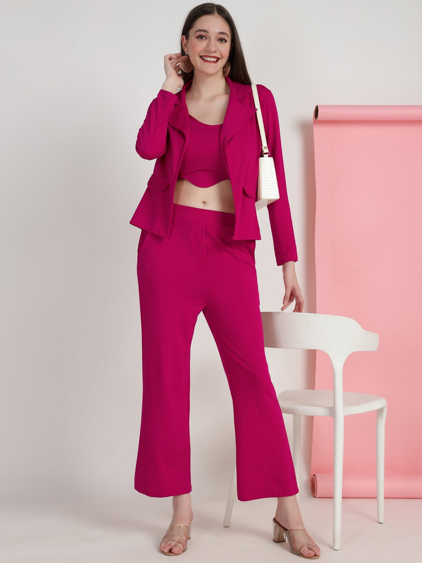 Women's Solid Pink Co-ord Set - Blazer, Crop Top & Pant