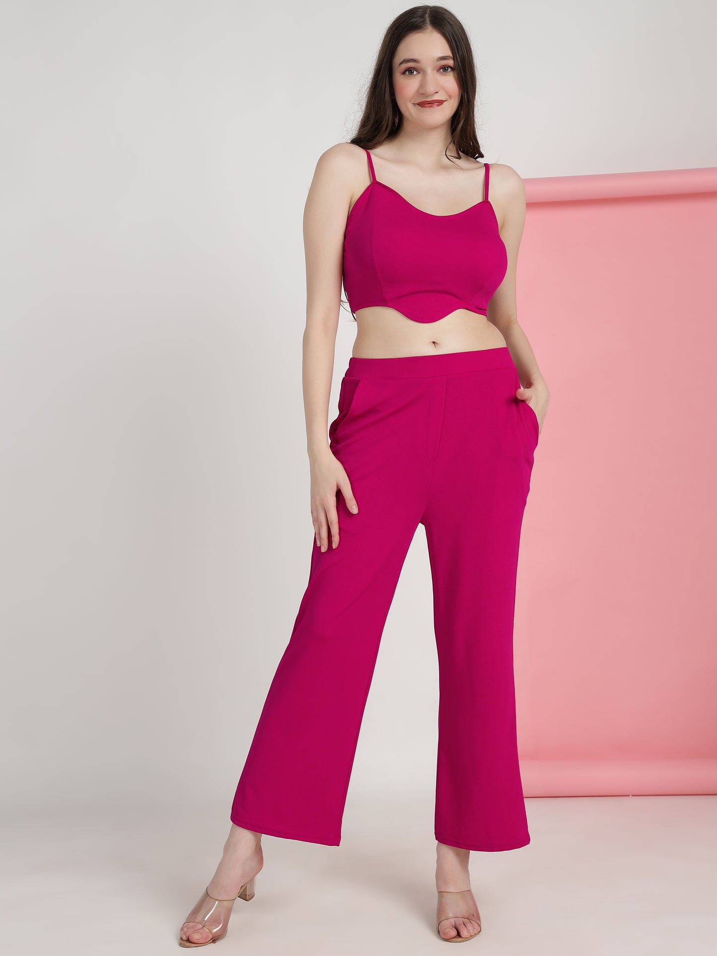Women's Solid Pink Co-ord Set - Blazer, Crop Top & Pant