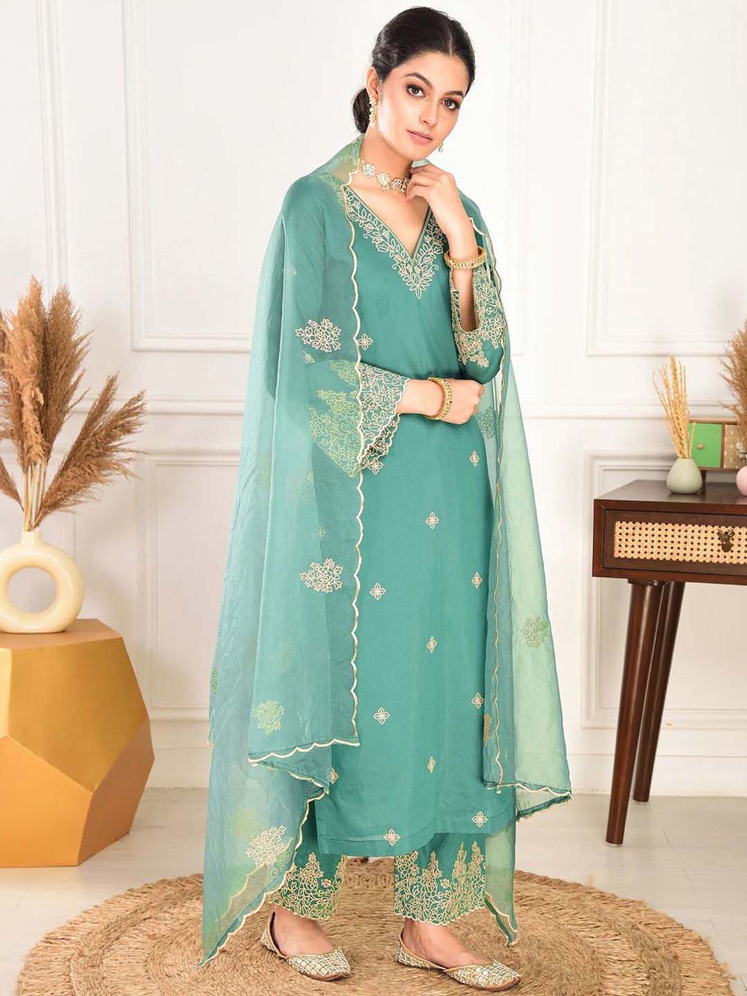 Rama Embroidered Straight Kurta Pent With Dupatta Set