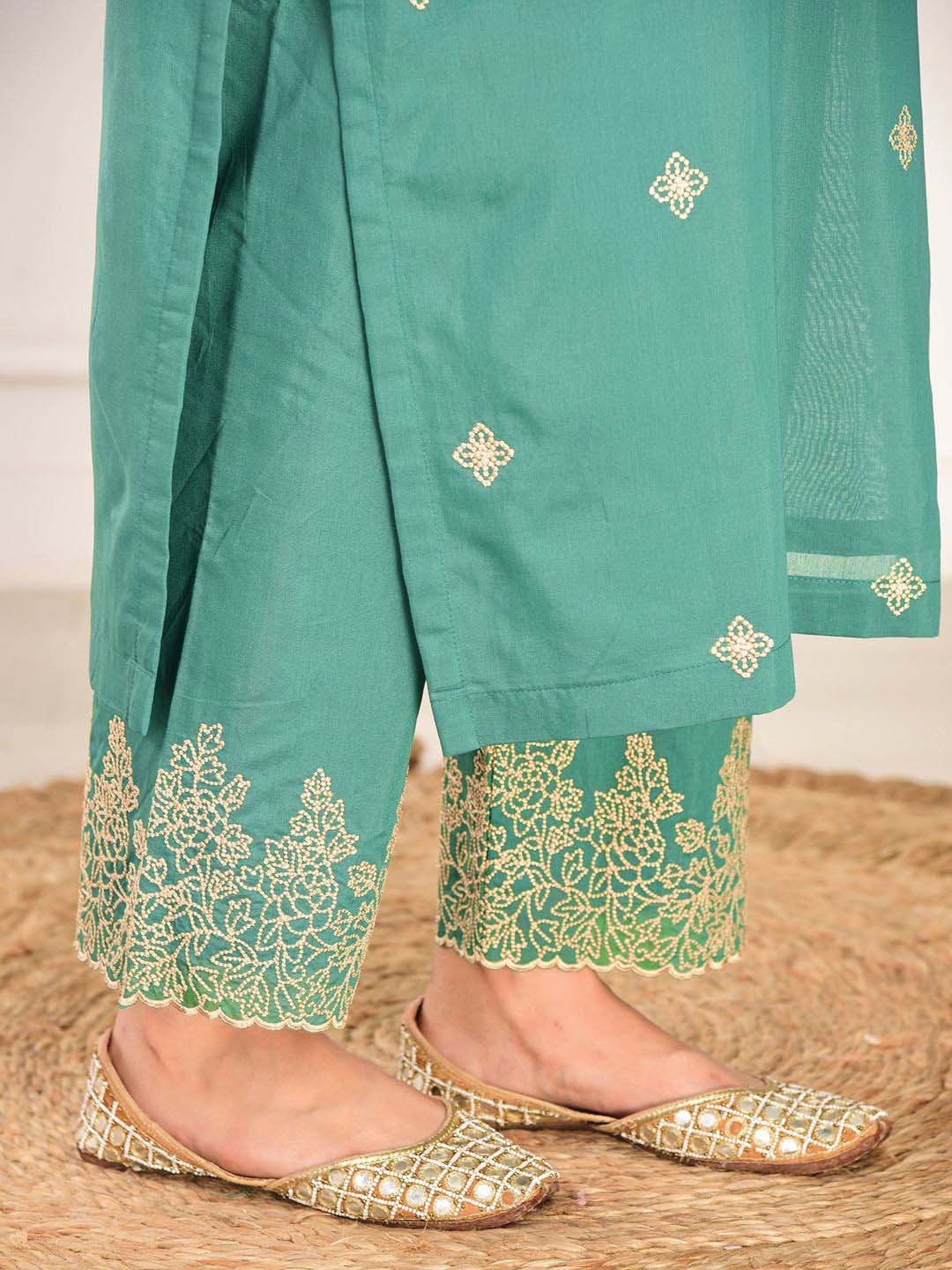 Rama Embroidered Straight Kurta Pent With Dupatta Set