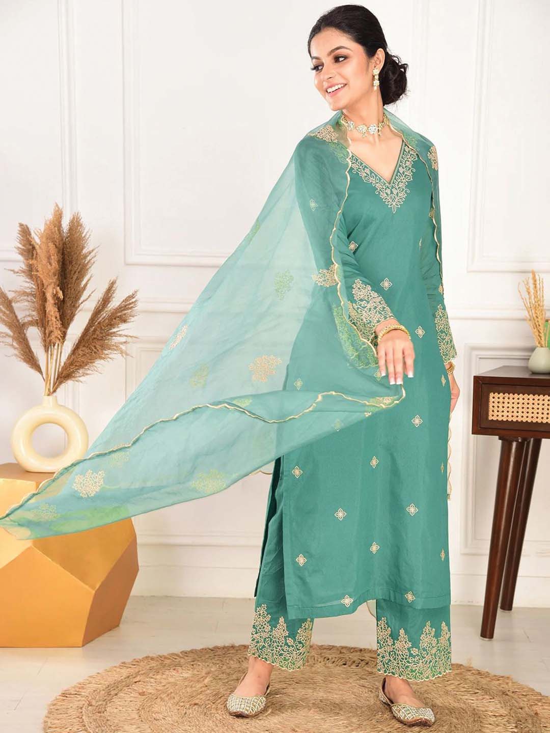 Rama Embroidered Straight Kurta Pent With Dupatta Set