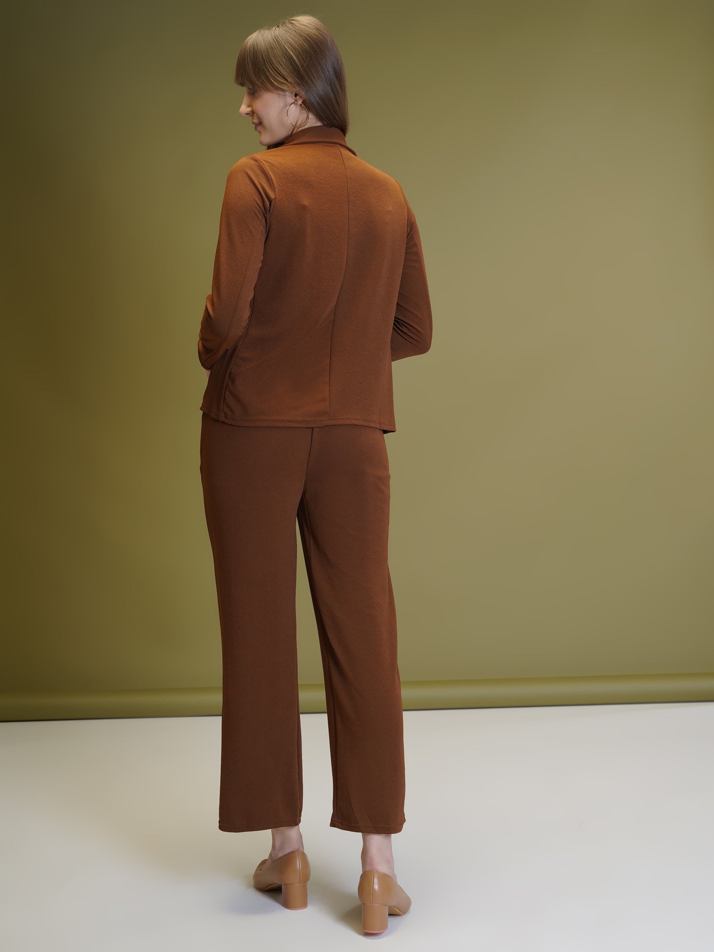 Women's Solid Coffee Color Co-ord Set - Blazer, Crop Top & Pant