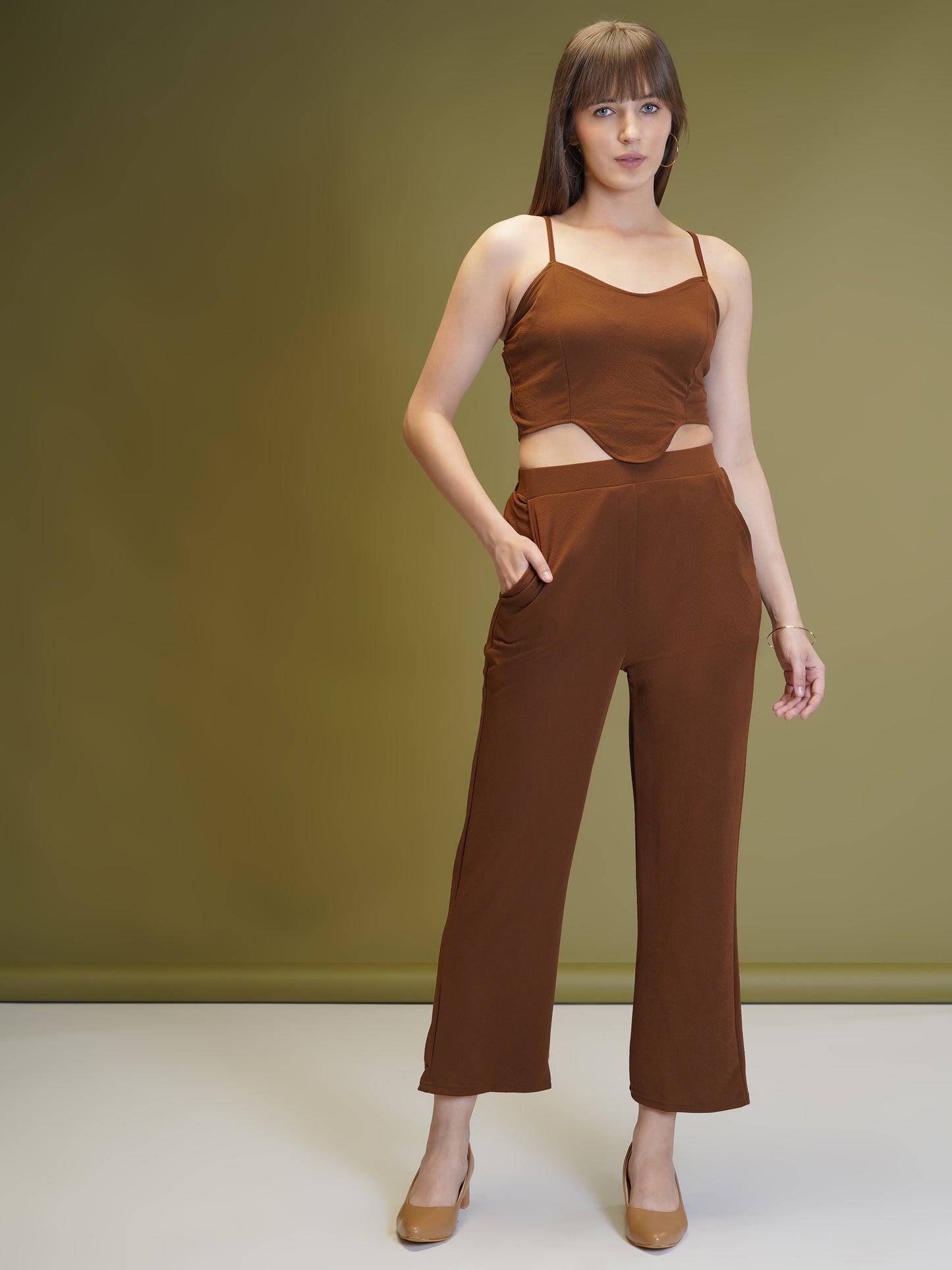 Women's Solid Coffee Color Co-ord Set - Blazer, Crop Top & Pant