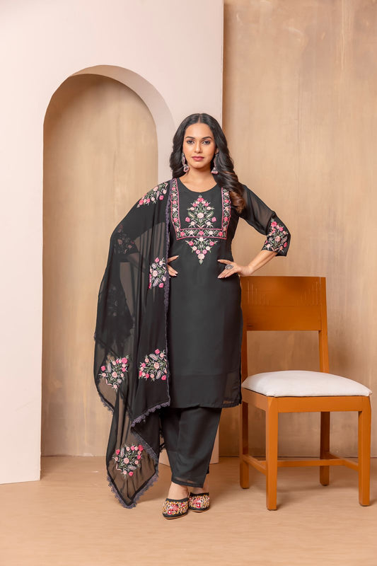 Women Froral Embroidered Kurta With Trousers & Dupatta