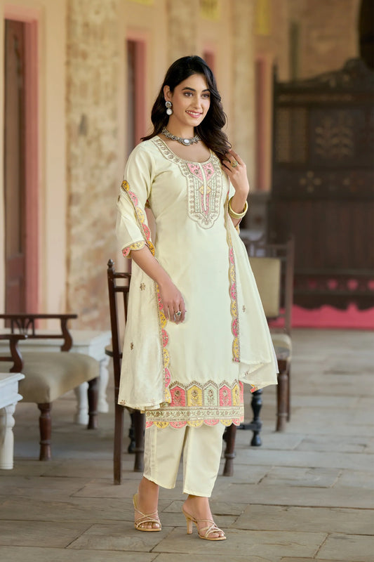 Women Embroidered Pure Vicose Chanderi Kurta Set With Dupatta