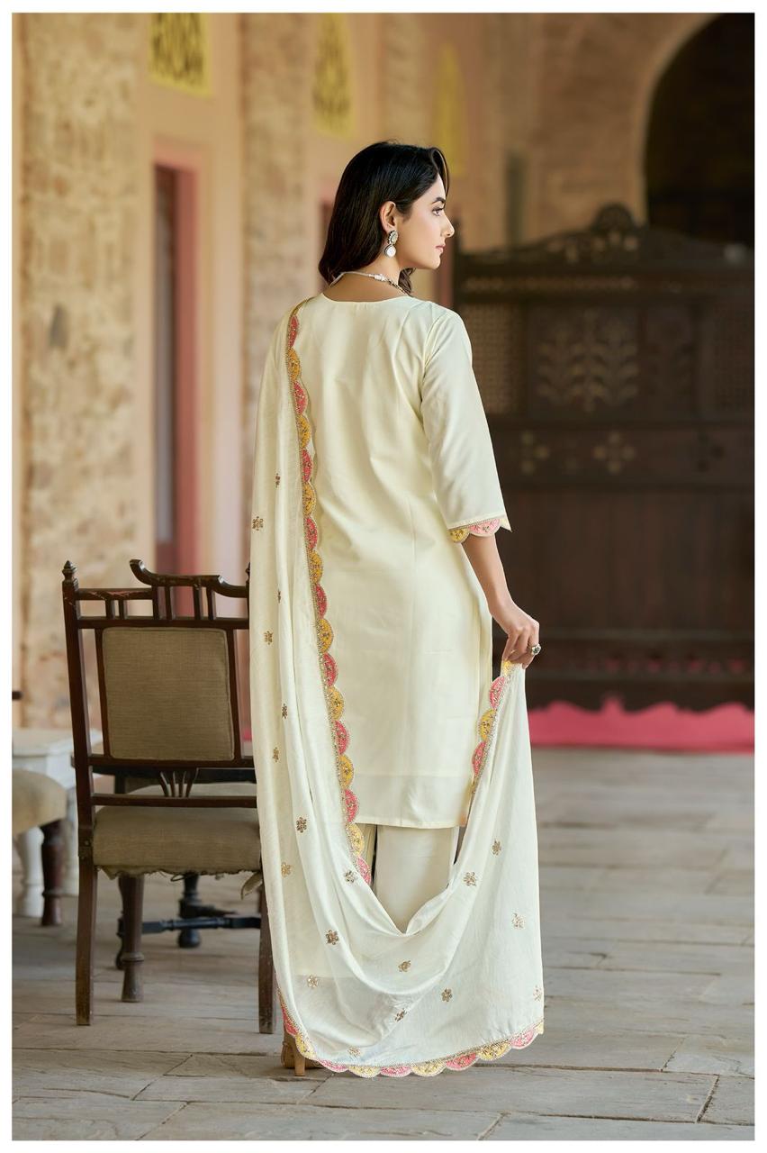 Women Embroidered Pure Vicose Chanderi Kurta Set With Dupatta