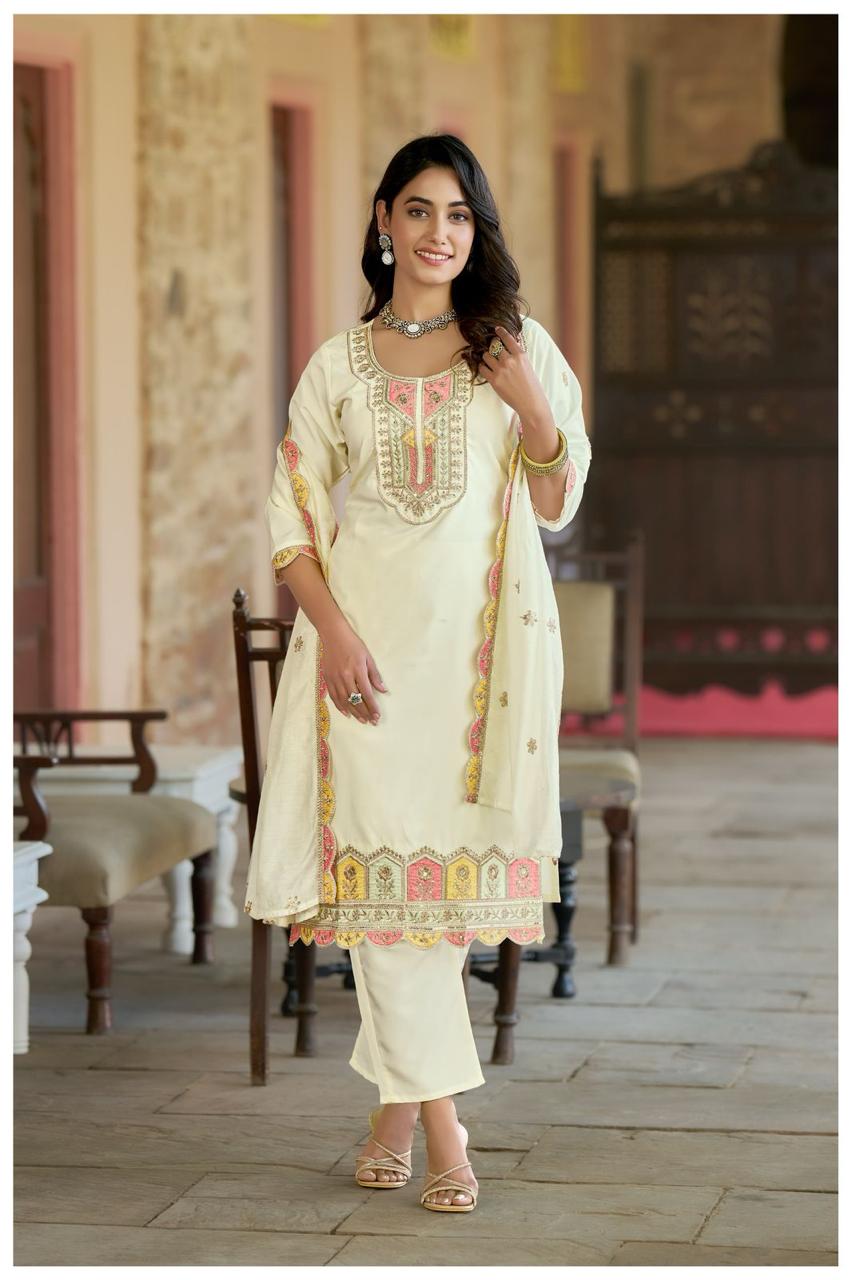 Women Embroidered Pure Vicose Chanderi Kurta Set With Dupatta