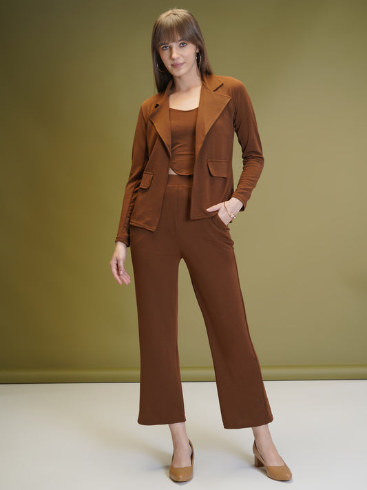 Women's Solid Coffee Color Co-ord Set - Blazer, Crop Top & Pant