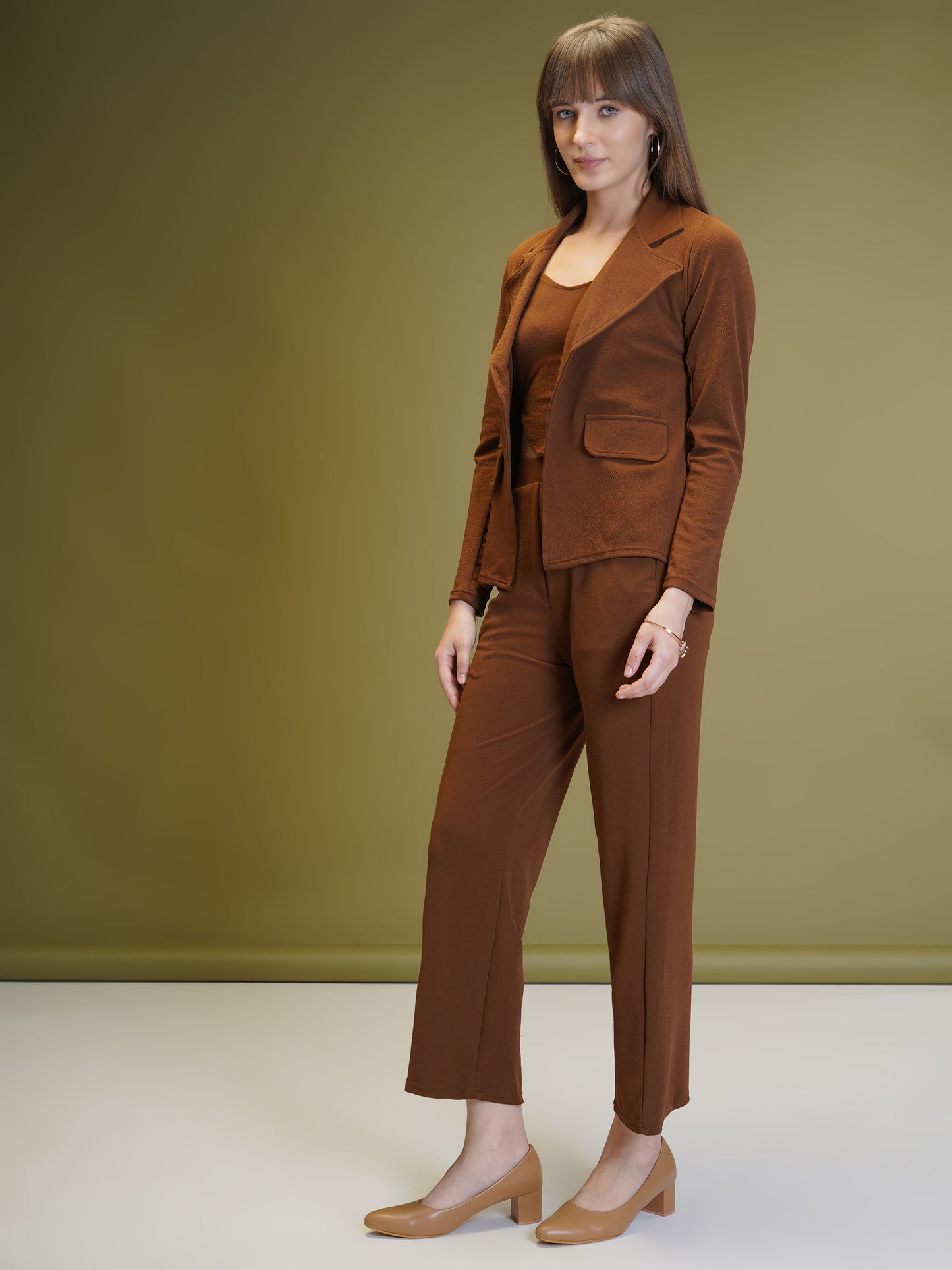 Women's Solid Coffee Color Co-ord Set - Blazer, Crop Top & Pant